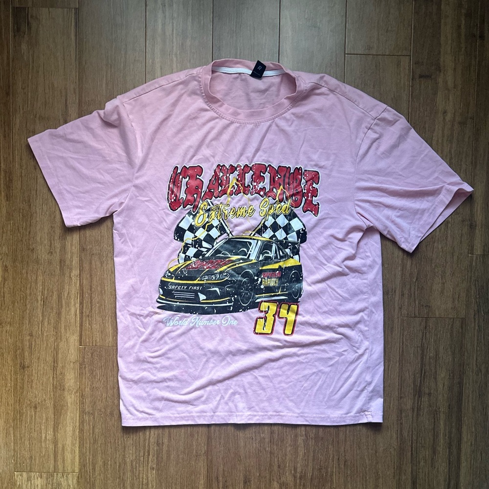 Large pink nascar graphic tee